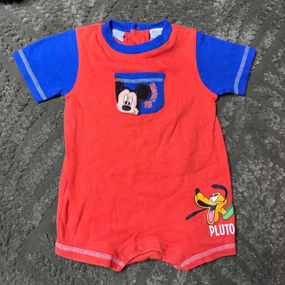 Disney Mickey Mouse Pluto Red Blue Colorblock Romper Boys 18M Vintage 90s